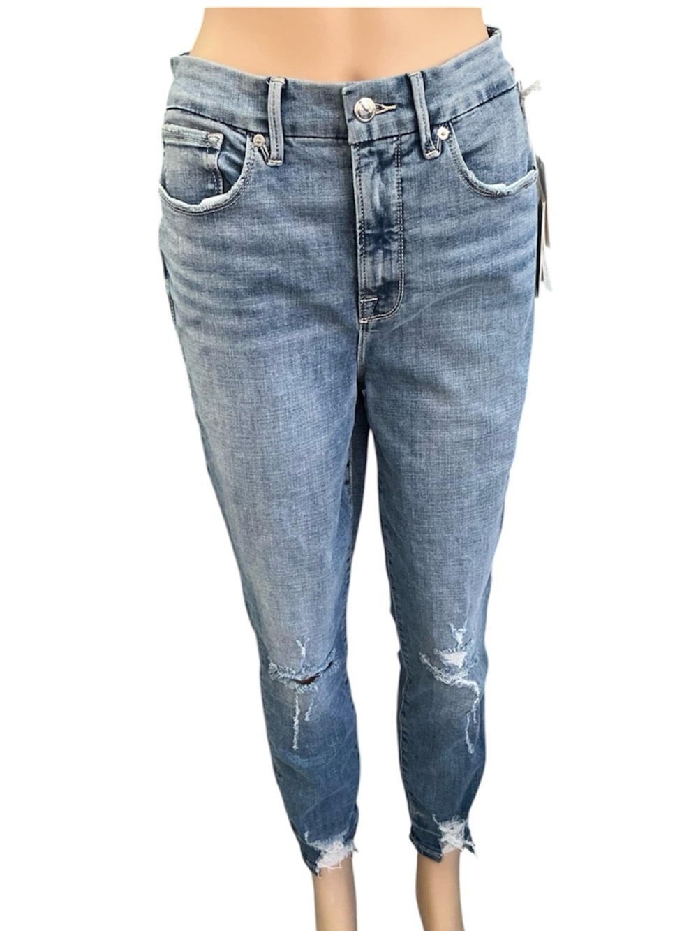 Good American Women Waist Crop Distressed Blue Light Blue Distressed Ankle Jeans